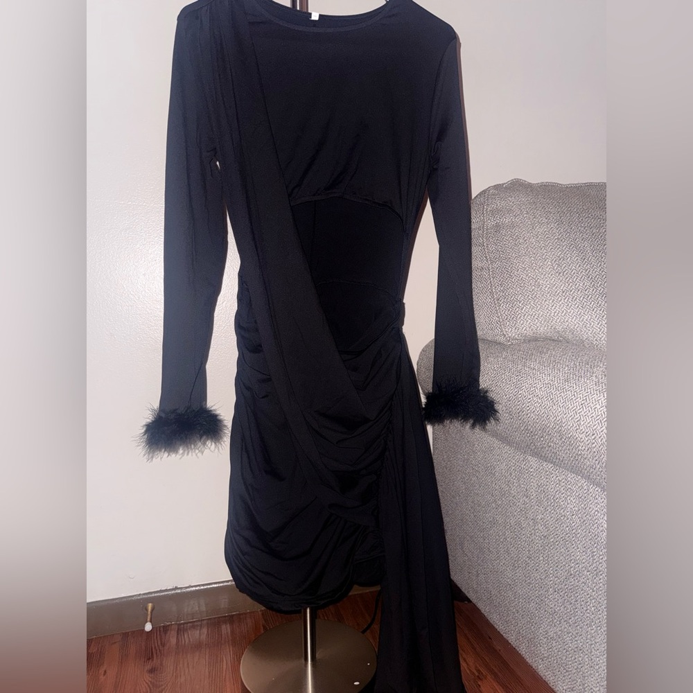 Elegant Black Dress with Feather Cuffs